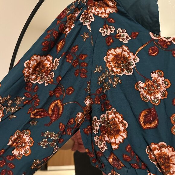 MINKPINK Emerald Floral Cutout Midi Dress Small - Puff Sleeve Boho Wedding Guest - Picture 5 of 6